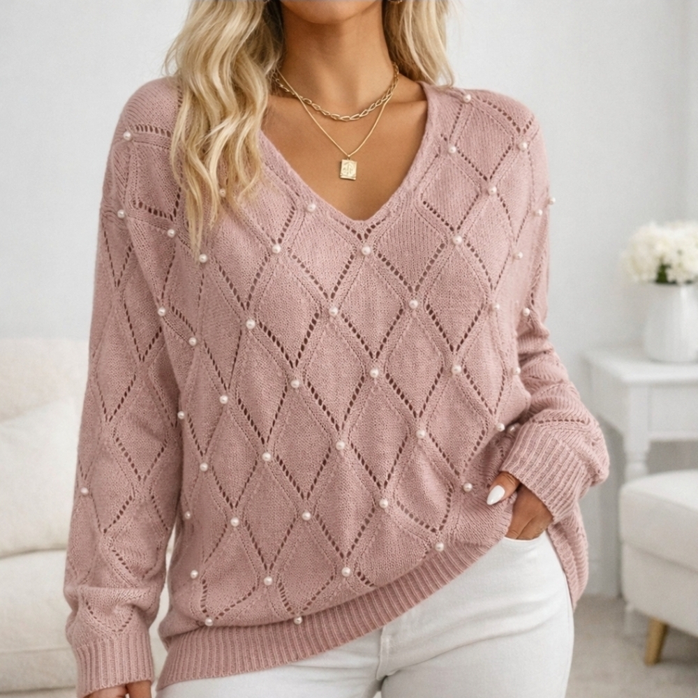 Mauve Pink Crisscross Back Pearl Sweater – SMALL